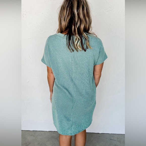 Blue Ribbed Knit Summer Short Sleeved T-Shirt Dress, Relaxed Fit, M-L-XL - Picture 6 of 10